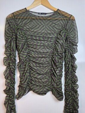 Zara Ruched Stretchy Mesh Optical Print Long Sleeve Top Green Black Size M Y2K